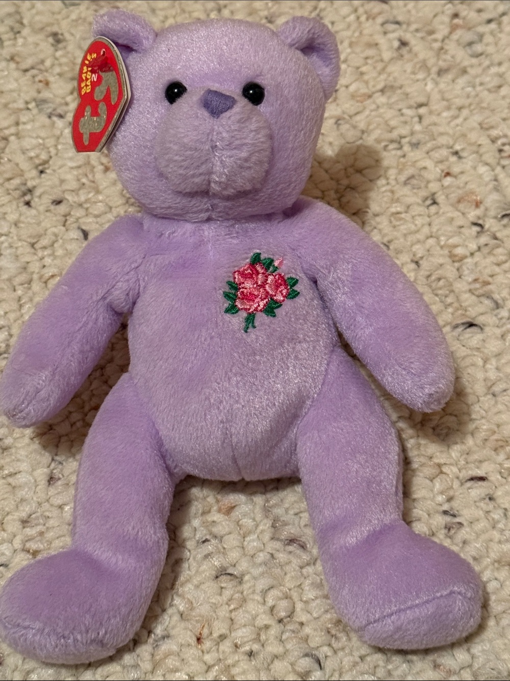 Ty 2.0 Purple Plush Bear with Embroidered Pink Rose